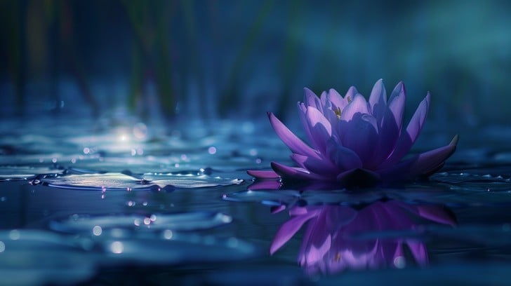 Blue lotus flowers floating on still water at dusk — the calm that inspired Sotia