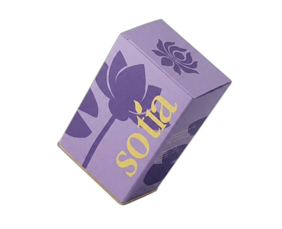 Sotia blue lotus sleep tea — lavender box with gold lettering, angled view