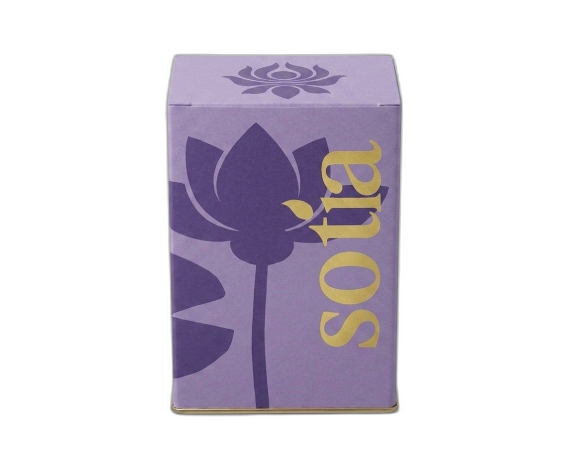Sotia blue lotus sleep tea — front view of lavender box with lotus motif